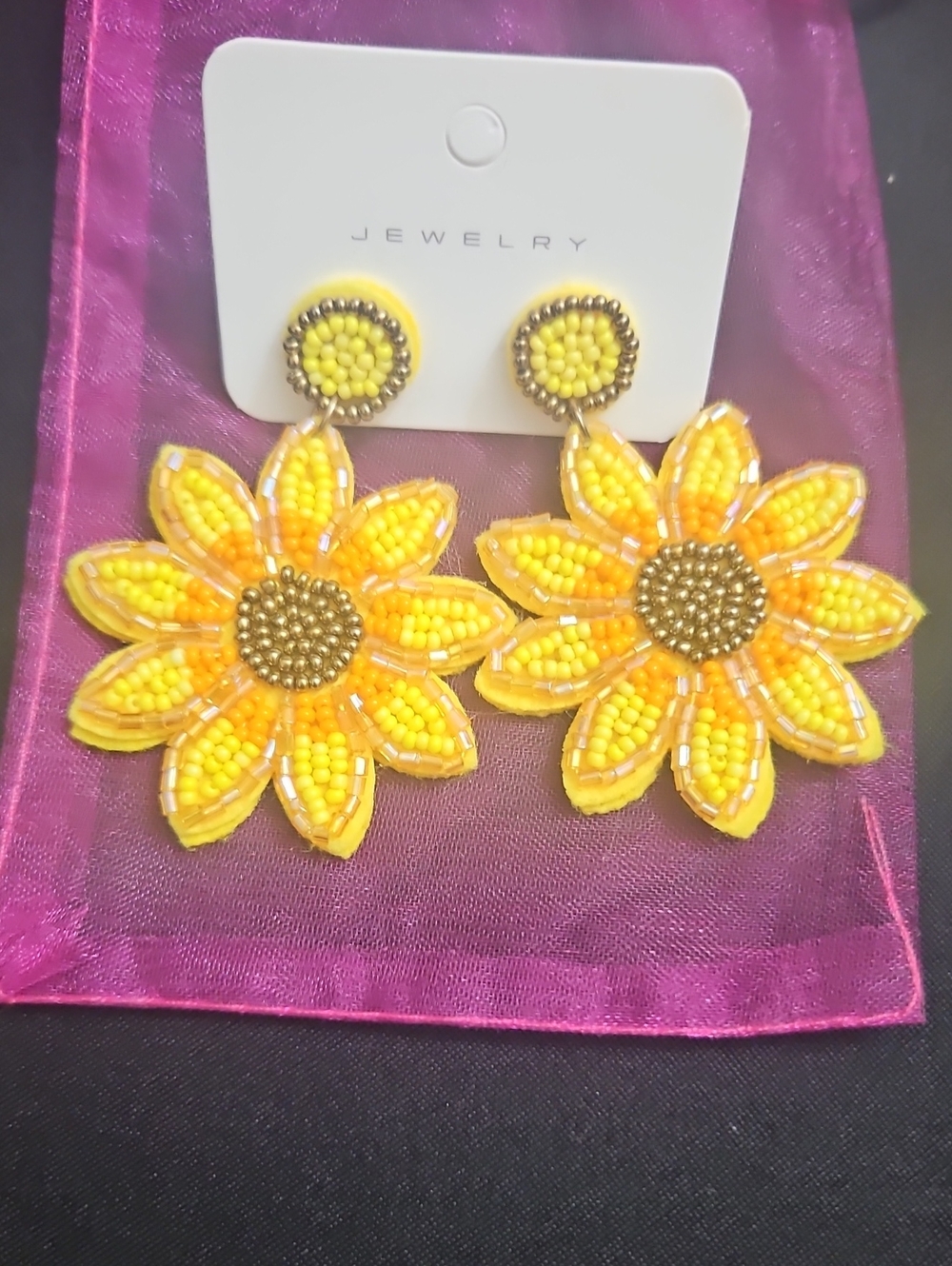 Yellow Beaded Sunflower Statement Earrings